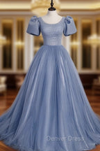 Blue Round Neck Tulle Sequin Beads Long Prom Dresses, Blue Evening Dresses
