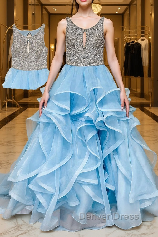 Blue round neck tulle sequin long prom Dress blue tulle Prom Dresses