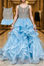 Blue round neck tulle sequin long prom Dress blue tulle Prom Dresses