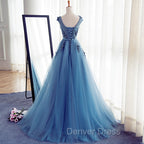 Blue Round Neckline Long Applique Elegant Senior Formal Dresses, Long Party Gowns