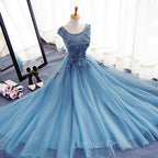 Blue Round Neckline Long Applique Elegant Senior Formal Dresses, Long Party Gowns