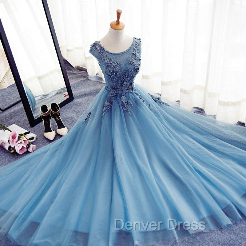 Blue Round Neckline Long Applique Elegant Senior Formal Dresses, Long Party Gowns