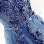 Blue Round Neckline Long Applique Elegant Senior Formal Dresses, Long Party Gowns