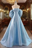 Blue Satin A-line Long Party Dresses, Blue Satin Long Evening Dresses Prom Dresses