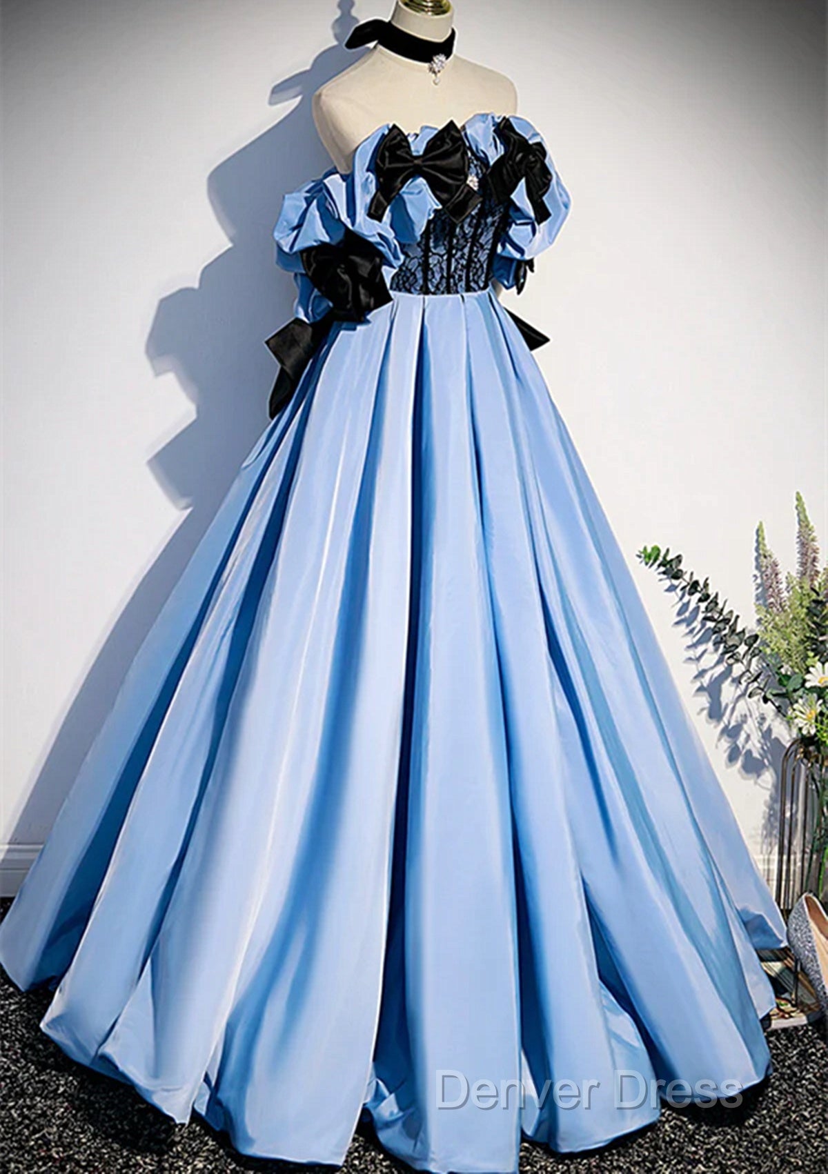 Blue Satin A-Line Long Prom Dresses With Black Bow, Off The Shoulder Blue Long Party Dresses Secondary image