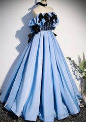 Blue Satin A-Line Long Prom Dress With Black Bow, Off The Shoulder Blue Long Party Dress