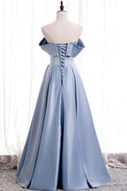 Blue Satin A-line Off-the-Shoulder Beaded Prom Dresses,evening party dress