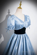 Blue Satin And Black Velvet Long Prom Dress, A-Line V-Neck Short Sleeve Evening Dress