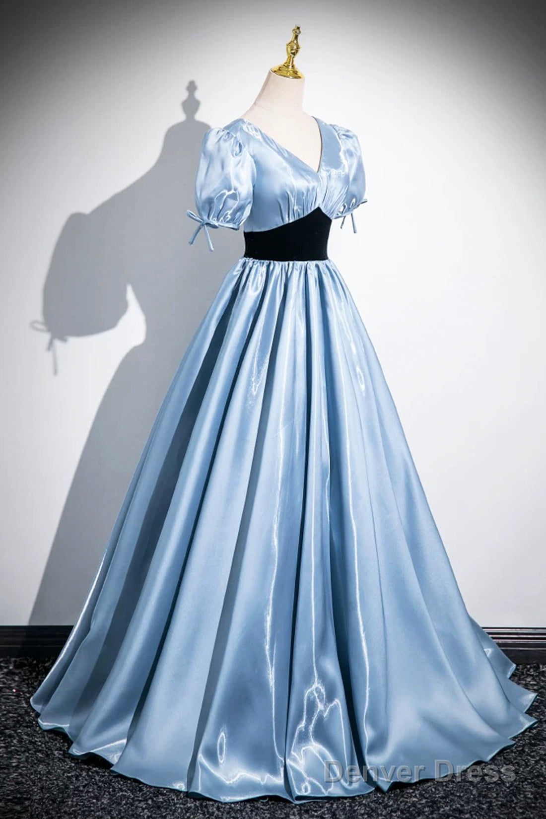 Blue Satin And Black Velvet Long Prom Dress, A-Line V-Neck Short Sleeve Evening Dress