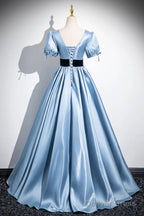 Blue Satin And Black Velvet Long Prom Dress, A-Line V-Neck Short Sleeve Evening Dress