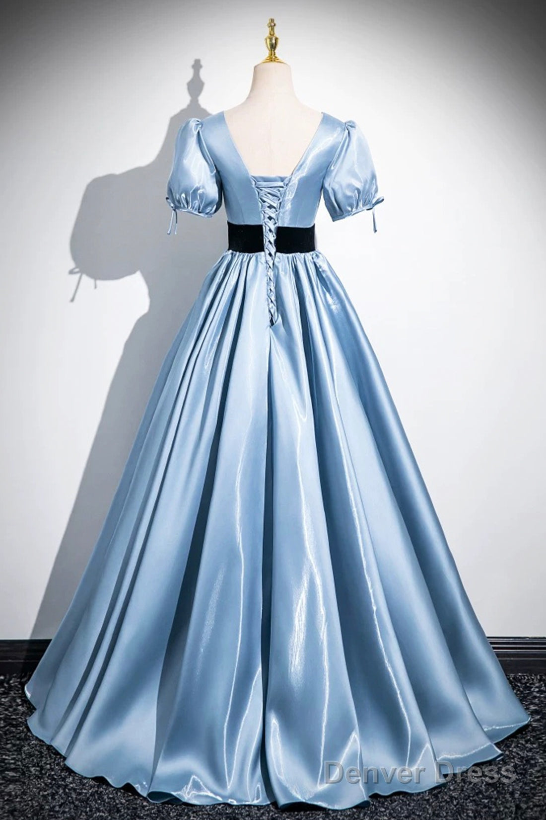 Blue Satin And Black Velvet Long Prom Dress, A-Line V-Neck Short Sleeve Evening Dress