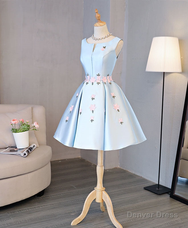 Blue Satin Applique Short Prom Dress, Blue Homecoming Dresses Secondary image