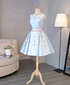 Blue Satin Applique Short Prom Dress, Blue Homecoming Dresses