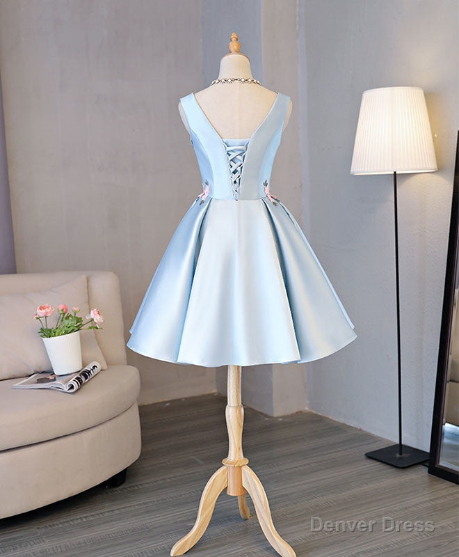 Blue Satin Applique Short Prom Dress, Blue Homecoming Dresses