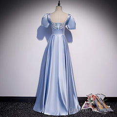 Blue Satin Beaded A-Line Long Party Dress, Blue Prom Party Dresses Formal Dress