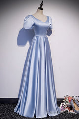 Blue Satin Beaded A-Line Long Party Dress, Blue Prom Party Dresses Formal Dress
