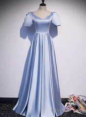 Blue Satin Beaded A-Line Long Party Dress, Blue Prom Party Dresses Formal Dress