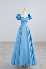 Blue Satin Beaded Floor Length Prom Dress, Blue A-Line Short Sleeve Evening Dress