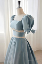 Blue Satin Beaded Long Prom Dress, Blue Short Sleeve Prom Dresses