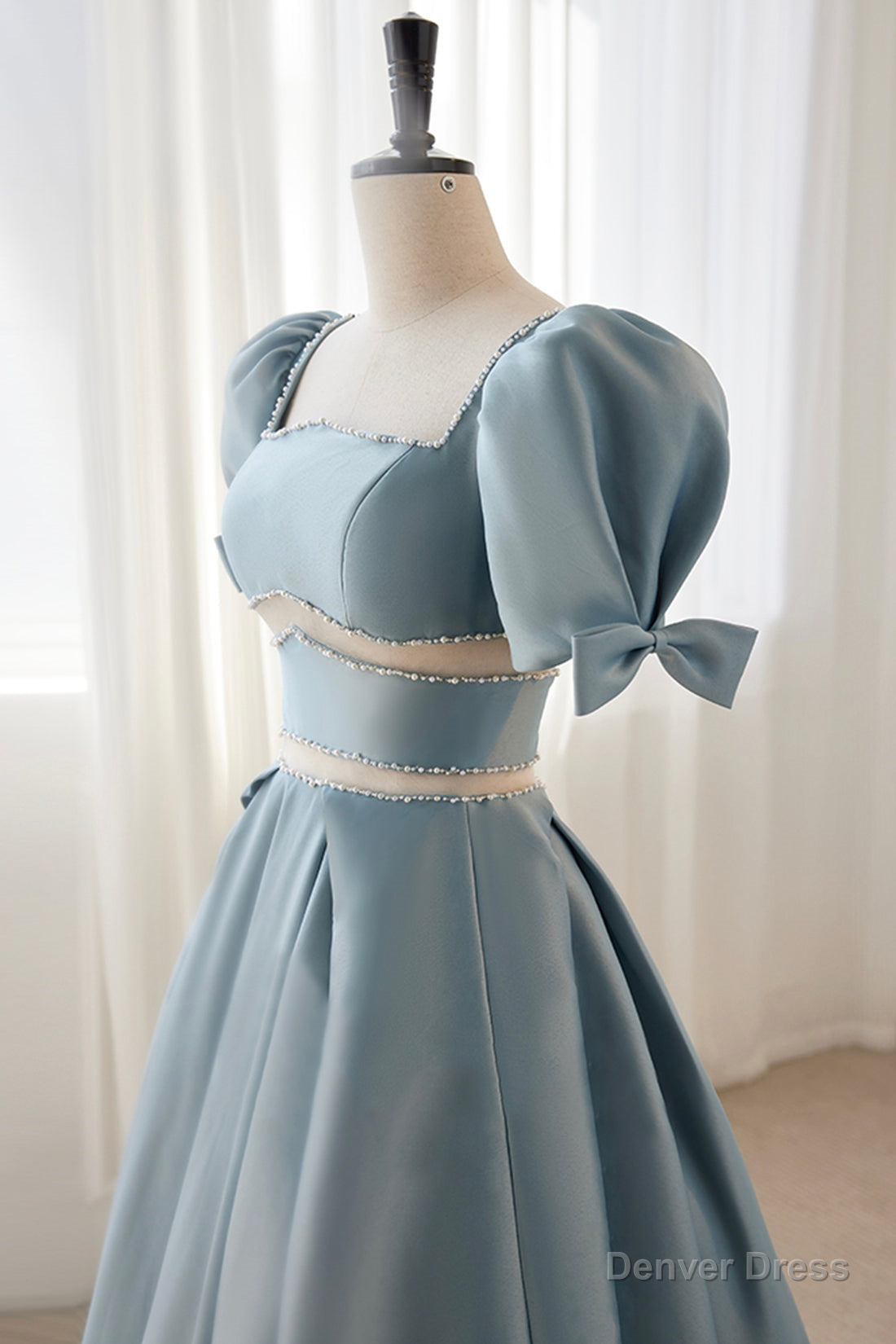 Blue Satin Beaded Long Prom Dress, Blue Short Sleeve Prom Dresses