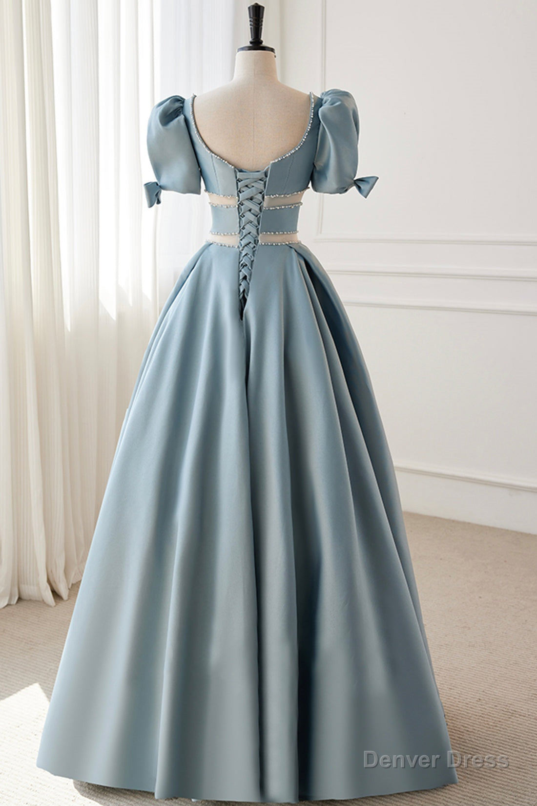 Blue Satin Beaded Long Prom Dress, Blue Short Sleeve Prom Dresses