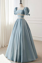 Blue Satin Beaded Long Prom Dress, Blue Short Sleeve Prom Dresses
