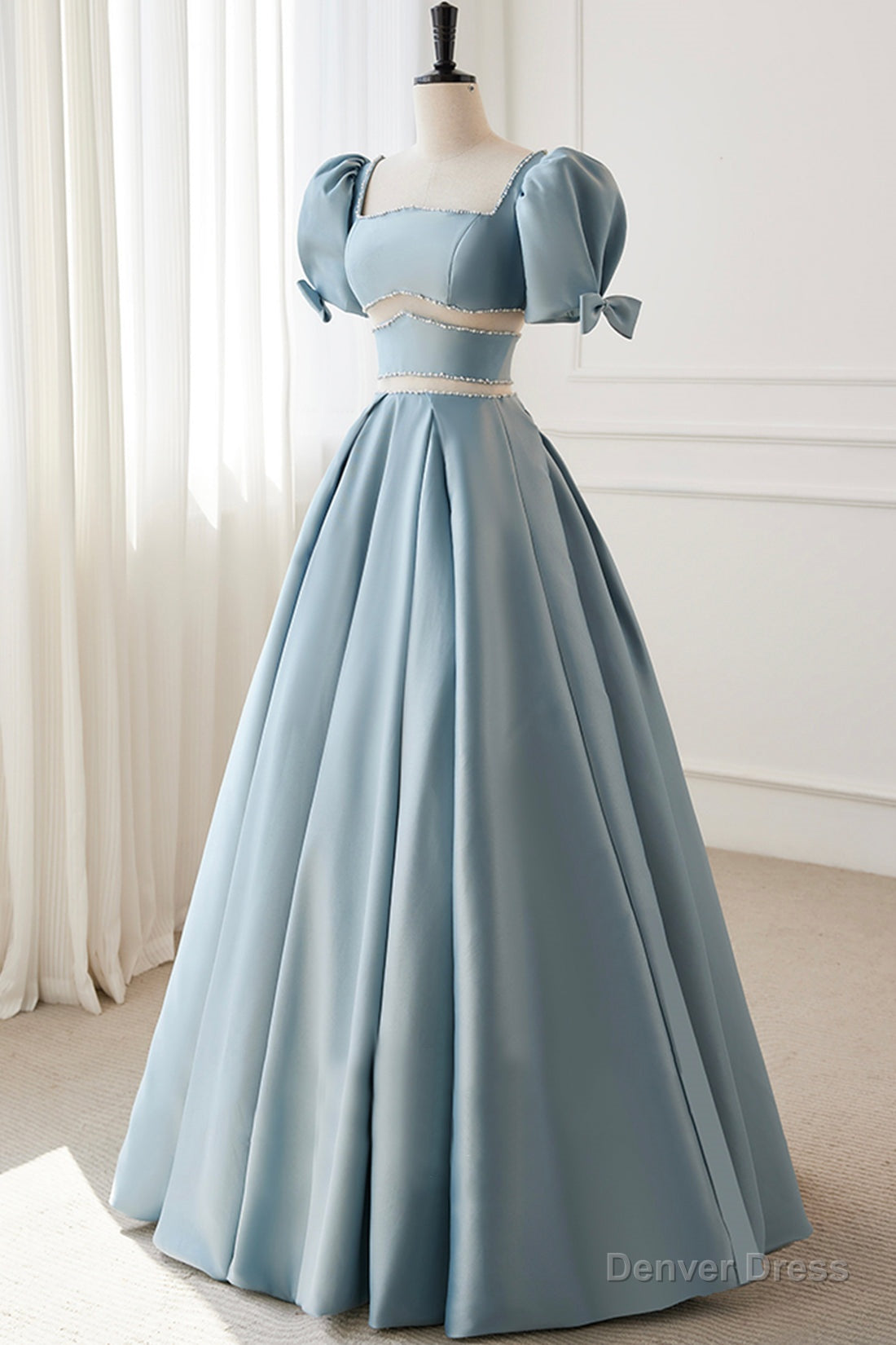 Blue Satin Beaded Long Prom Dress, Blue Short Sleeve Prom Dresses
