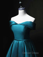 Blue Satin Cute Knee Length Short Prom Dresses Homecoming Dresses, Off Shoulder Formal Dresses
