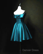 Blue Satin Cute Knee Length Short Prom Dresses Homecoming Dresses, Off Shoulder Formal Dresses