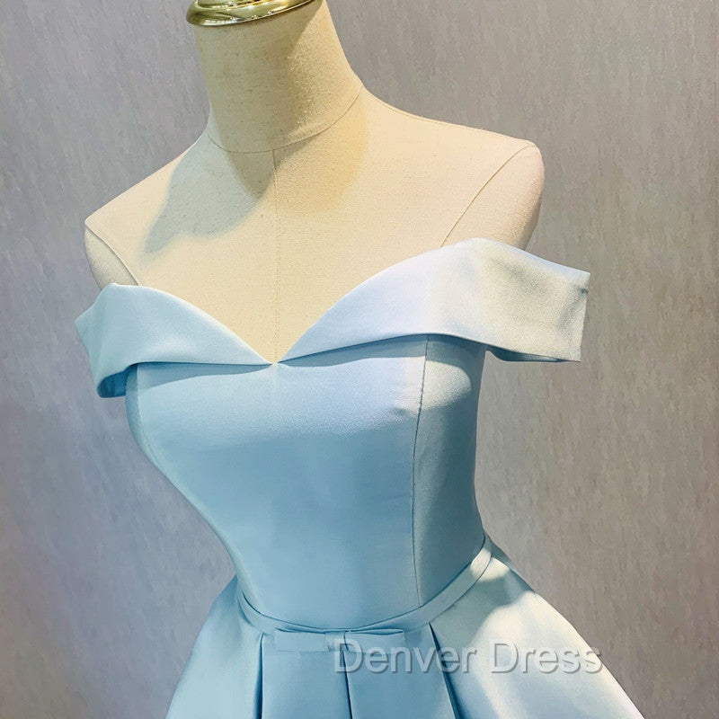 Blue Satin Cute Short Homecoming Dress, Off Shoulder Prom Dresses