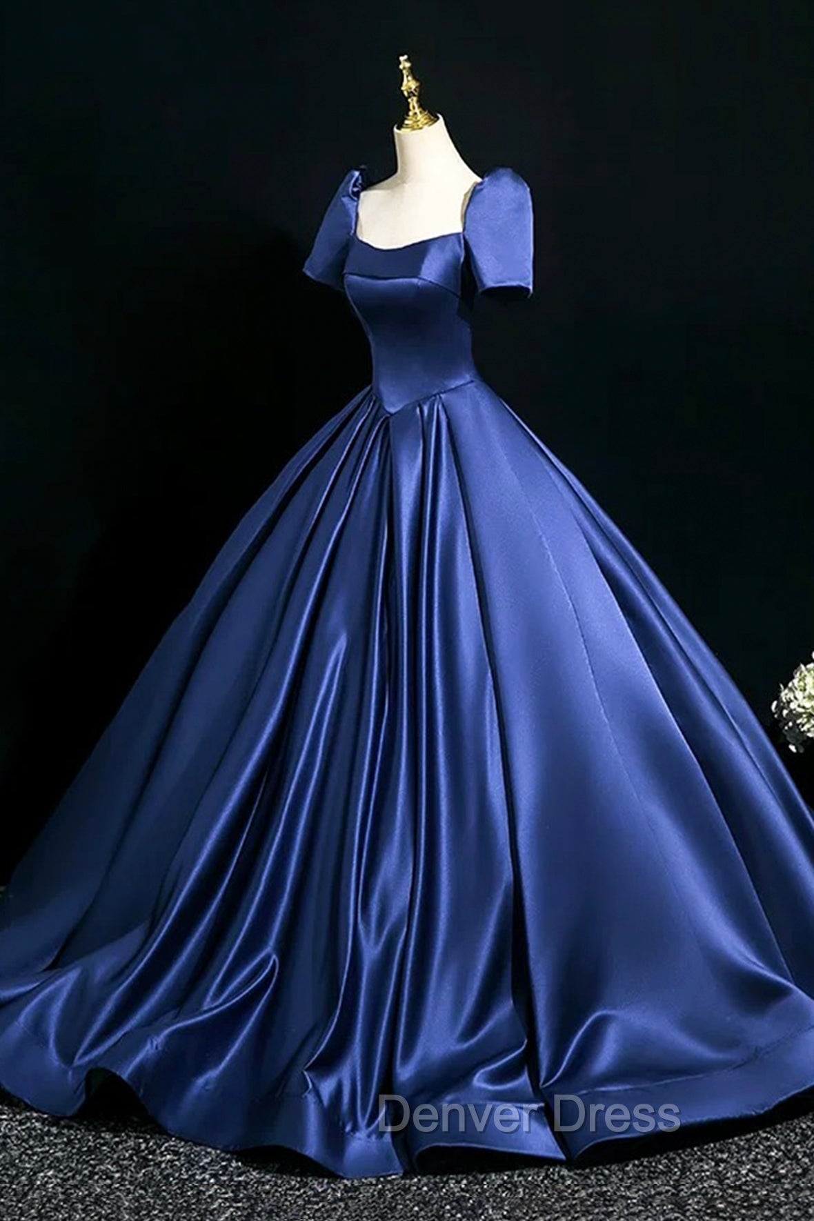 Blue Satin Floor Length Prom Dress, Elegant Off The Shoulder Prom Dresses