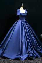 Blue Satin Floor Length Prom Dress, Elegant Off The Shoulder Prom Dresses