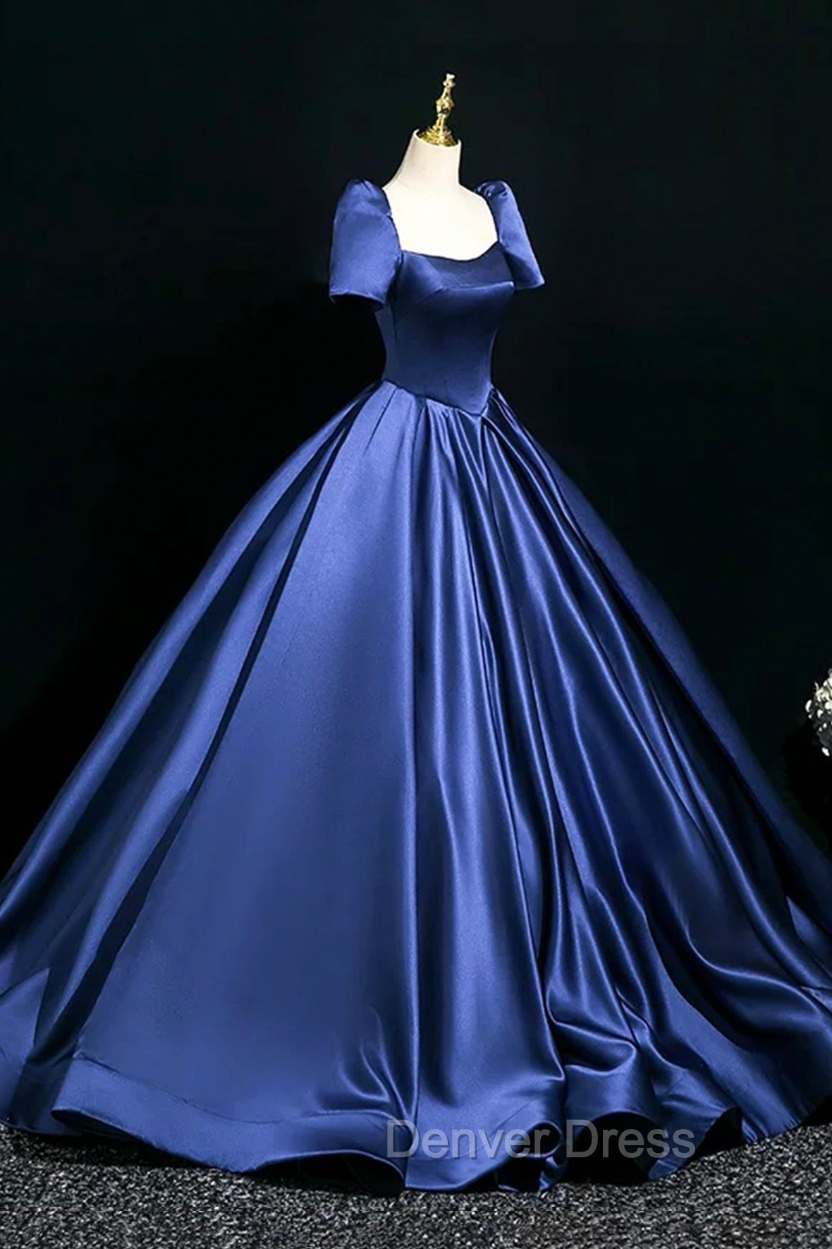 Blue Satin Floor Length Prom Dress, Elegant Off The Shoulder Prom Dresses