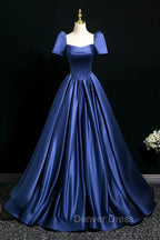Blue Satin Floor Length Prom Dress, Elegant Off The Shoulder Prom Dresses