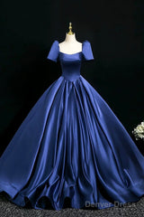 Blue Satin Floor Length Formal Dress, Elegant Off The Shoulder Evening Party Dress
