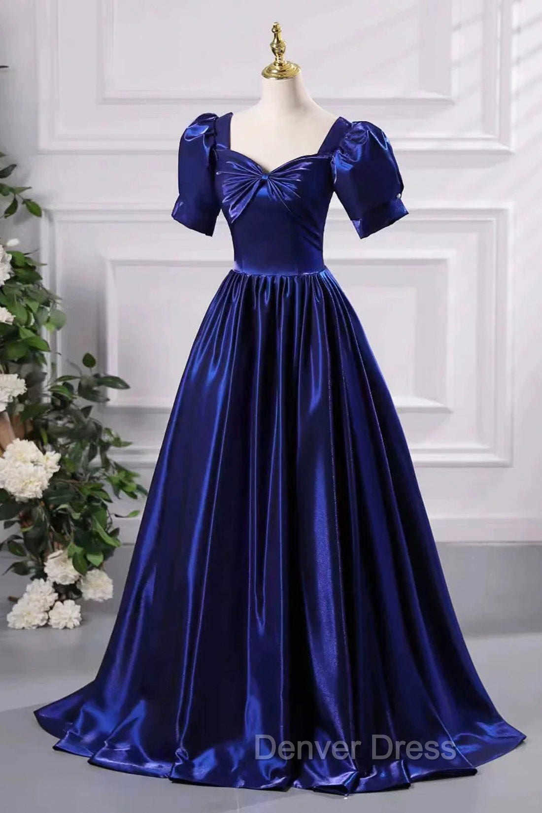 Blue Satin Floor Length Prom Dress, A Line Short Sleeve Backless Prom Dresses