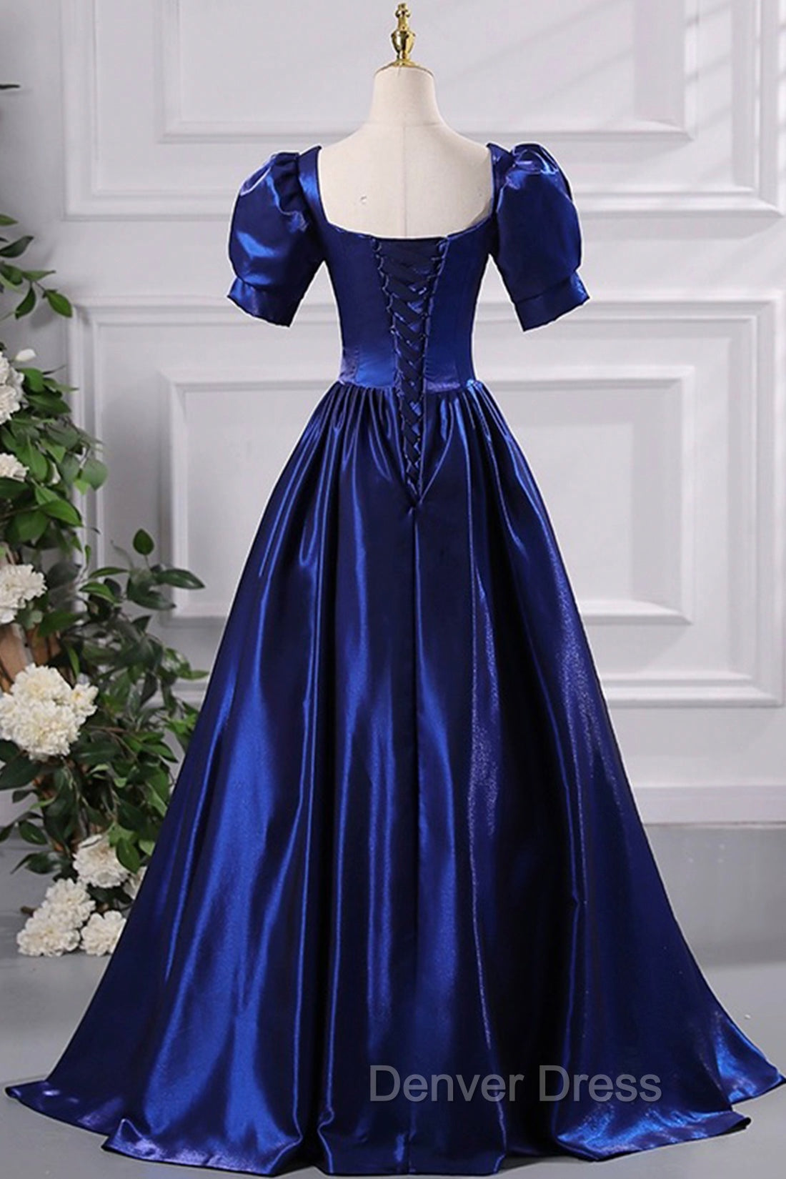 Blue Satin Floor Length Prom Dresses, A-Line Short Sleeve Backless Evening Party Dresses
