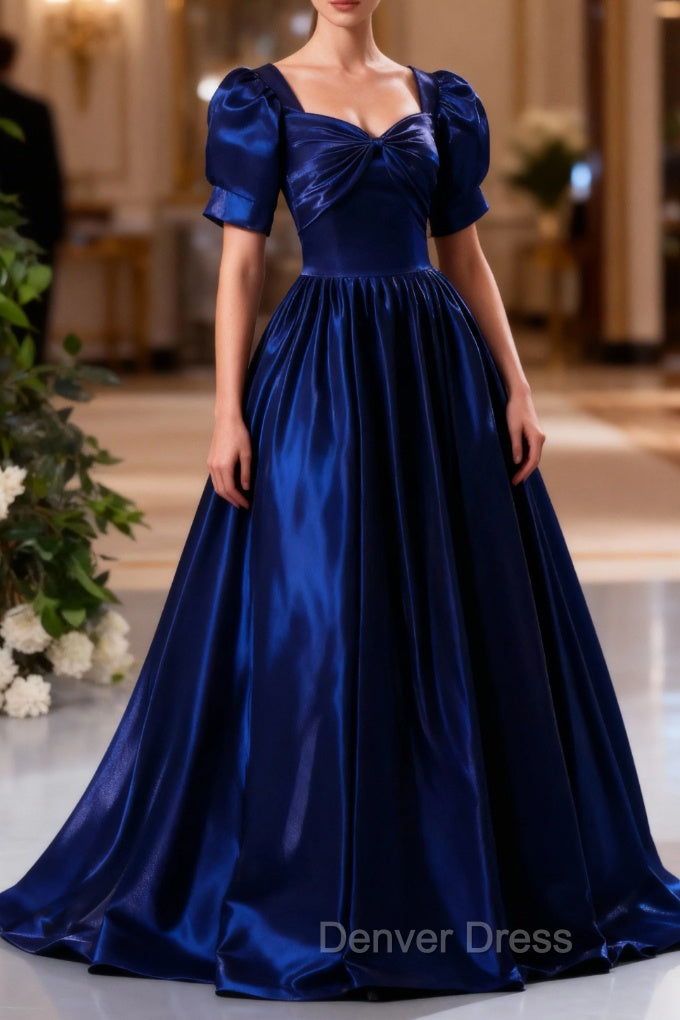 Blue Satin Floor Length Prom Dress, A Line Short Sleeve Backless Prom Dresses
