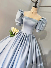 Blue Satin Floor Length Prom Dress, A-Line Short Sleeve Evening Party Dress