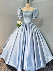 Blue Satin Floor Length Prom Dress, A-Line Short Sleeve Evening Party Dress