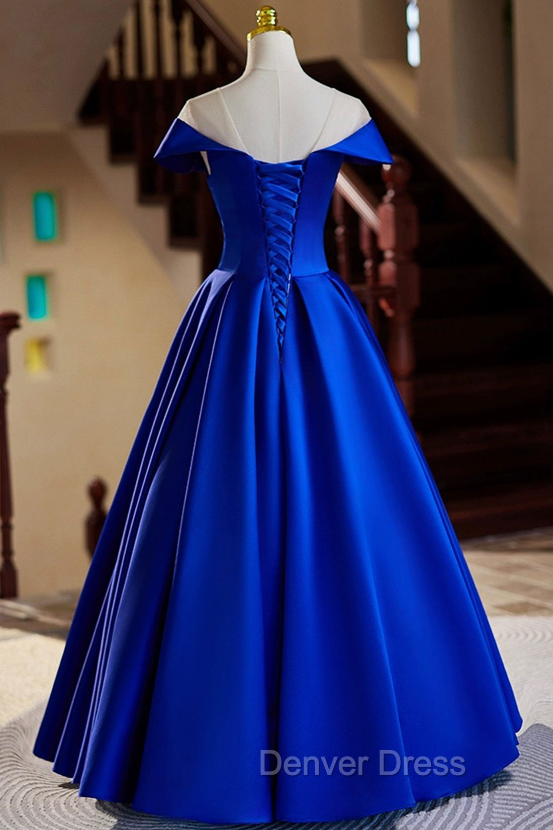 Blue Satin Floor Length Prom Dresses, Elegant A-Line Evening Party Dresses