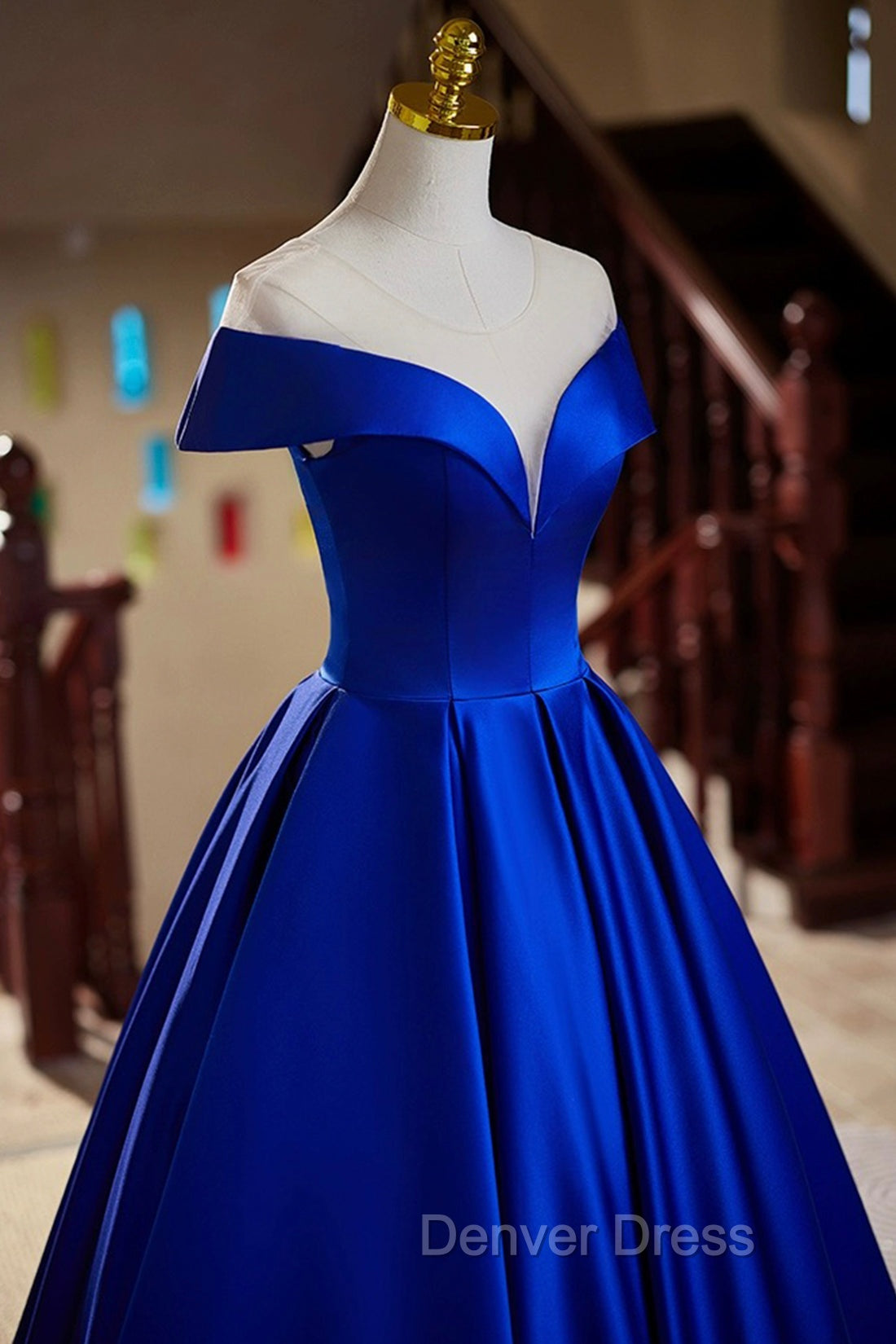 Blue Satin Floor Length Prom Dress, Elegant A Line Prom Dresses