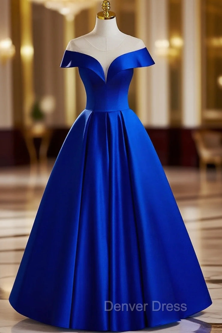 Blue Satin Floor Length Prom Dresses, Elegant A-Line Evening Party Dresses