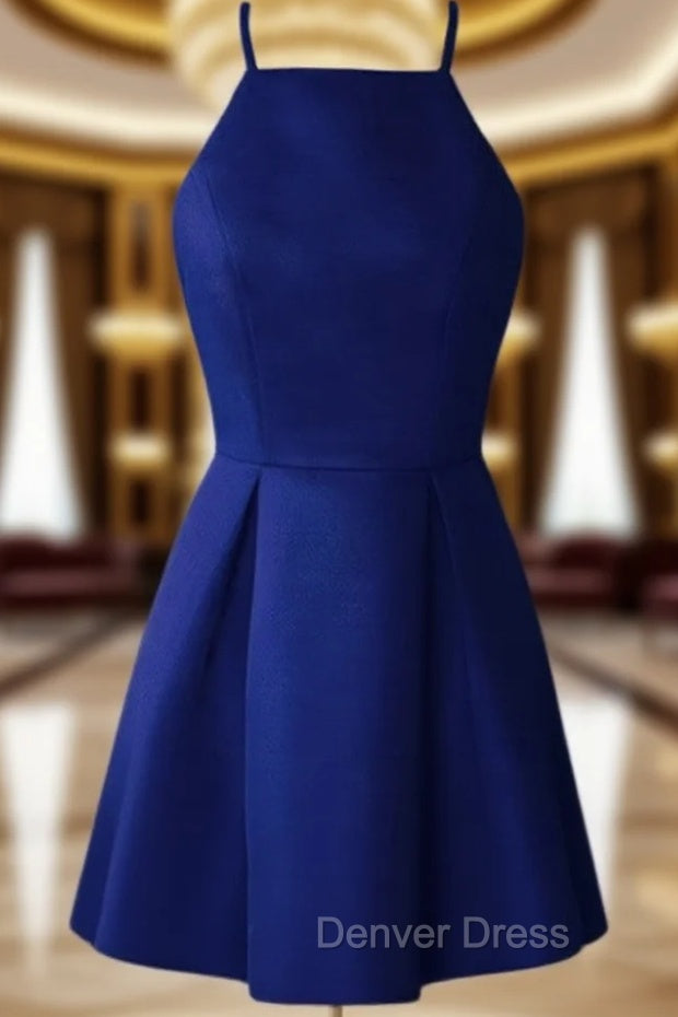 Blue Satin Halter Knee Length Bridesmaid Dress, Royal Blue Homecoming Dresses Main image