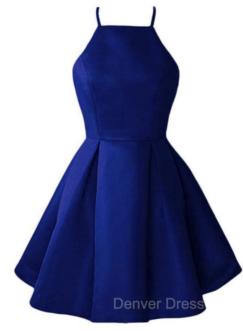 Blue Satin Halter Knee Length Bridesmaid Dresses, Royal Blue Homecoming Dresses Secondary image