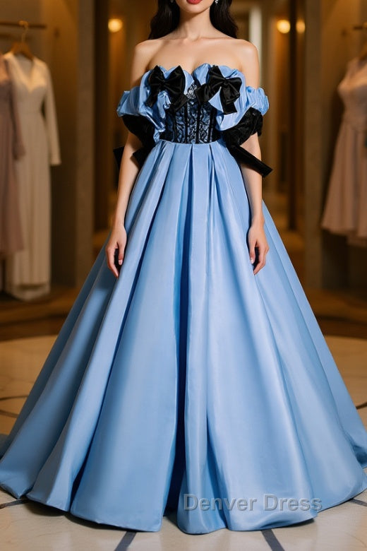 Blue satin lace long prom Dress blue satin Prom Dresses Main image