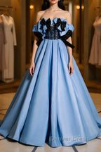 Blue satin lace long prom Dress blue satin Prom Dresses