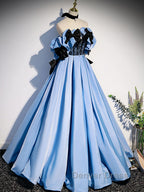 Blue satin lace long prom Dress blue satin Prom Dresses