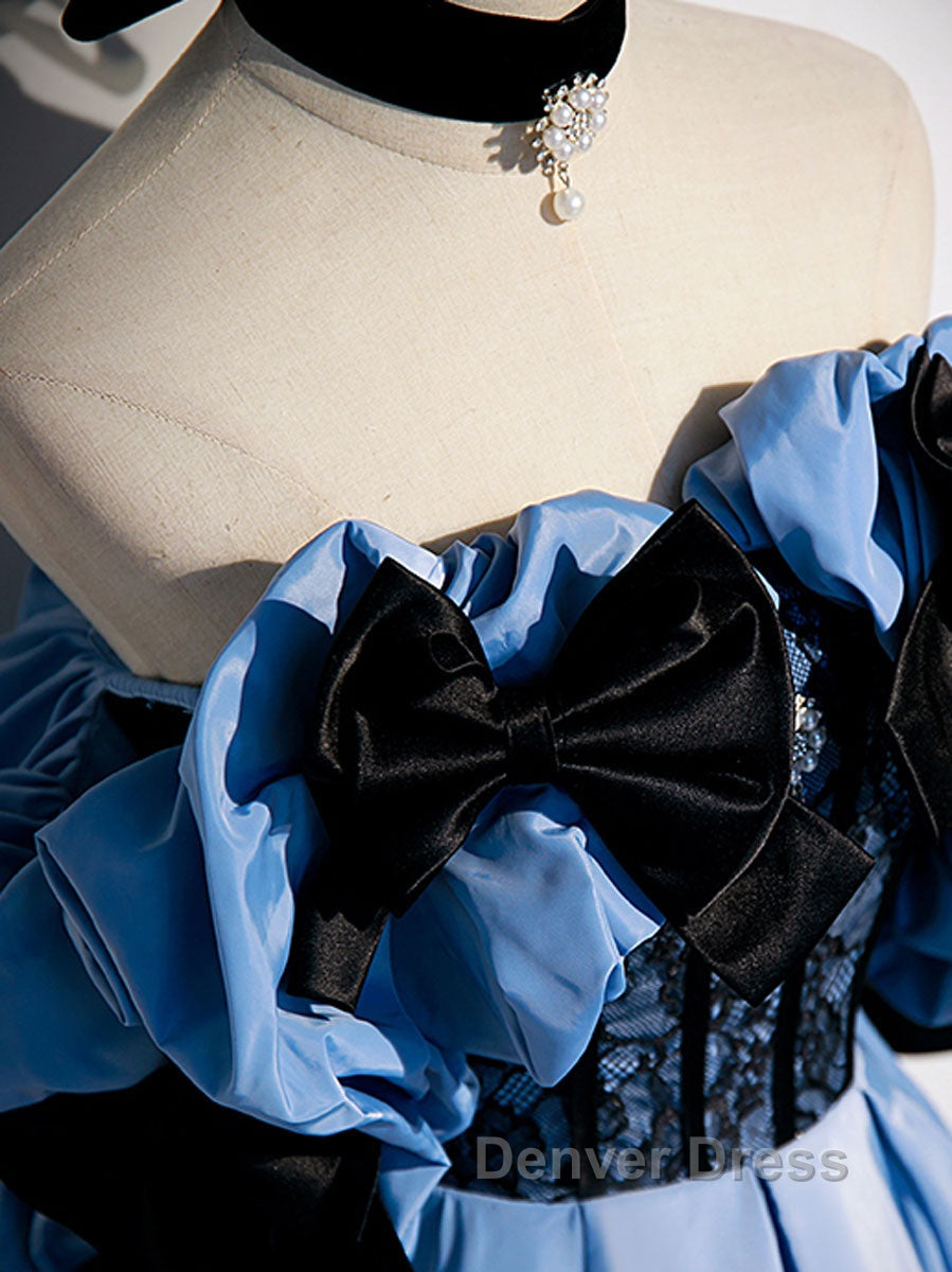 Blue satin lace long prom Dress blue satin Prom Dresses