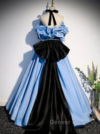 Blue satin lace long prom Dress blue satin Prom Dresses